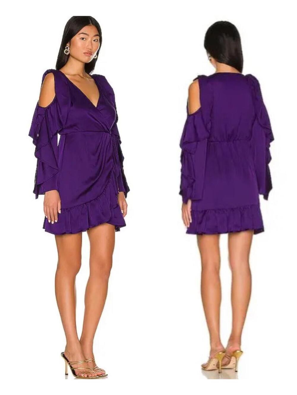AMUR Monna Faux Wrap Mini Purple Ruffle Dress